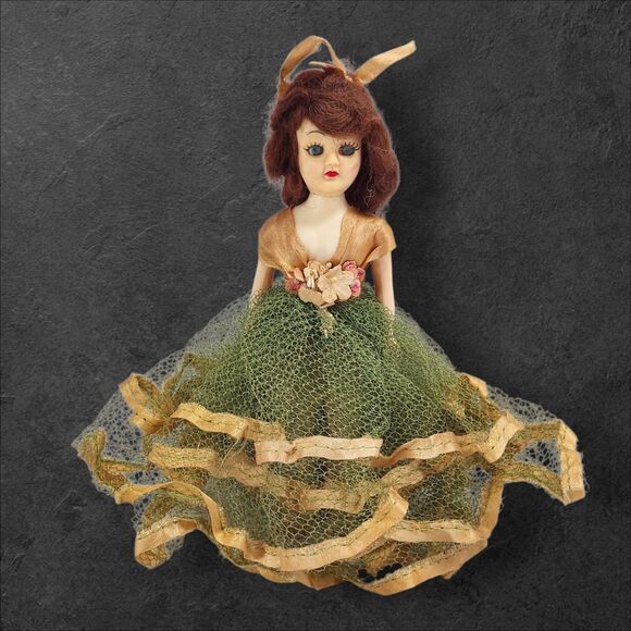 Vintage 1950s Hard Plastic Bridesmaid Doll 8” Sleepy Eyes Tulle Dress Green Gold - Picture 2 of 9
